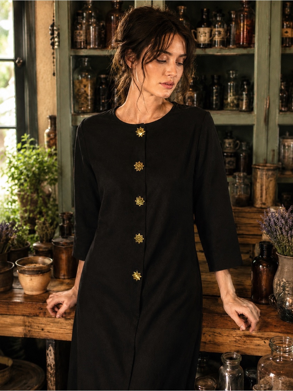 Vintage Black Dress with Gold Star Buttons